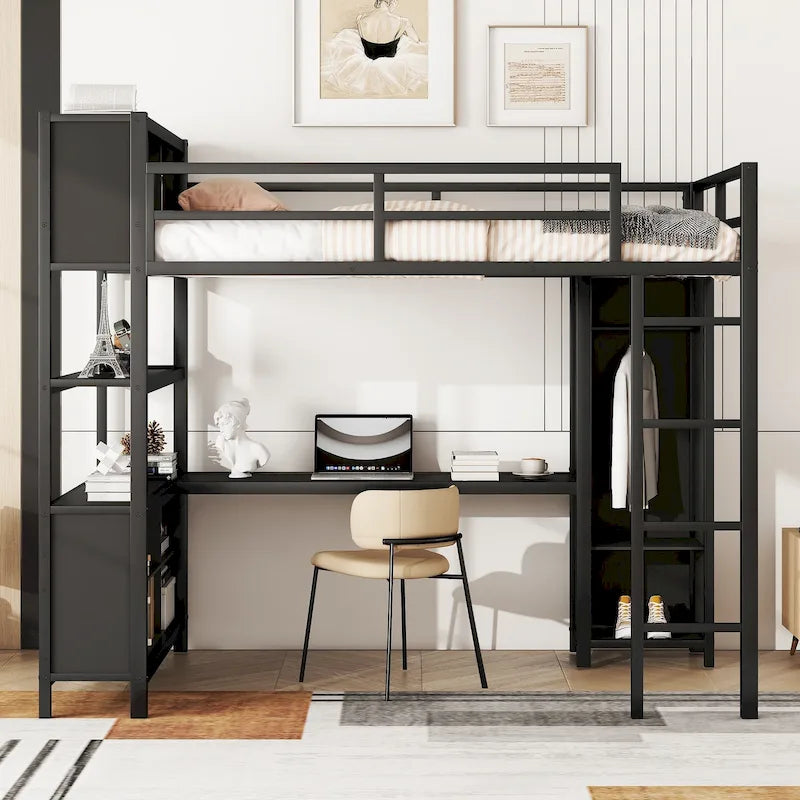 Metal Loft Bed with Wardrobe And L-shaped Desk