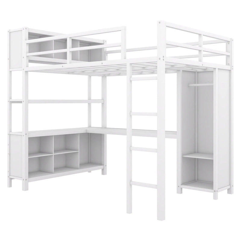 Metal Loft Bed with Wardrobe And L-shaped Desk