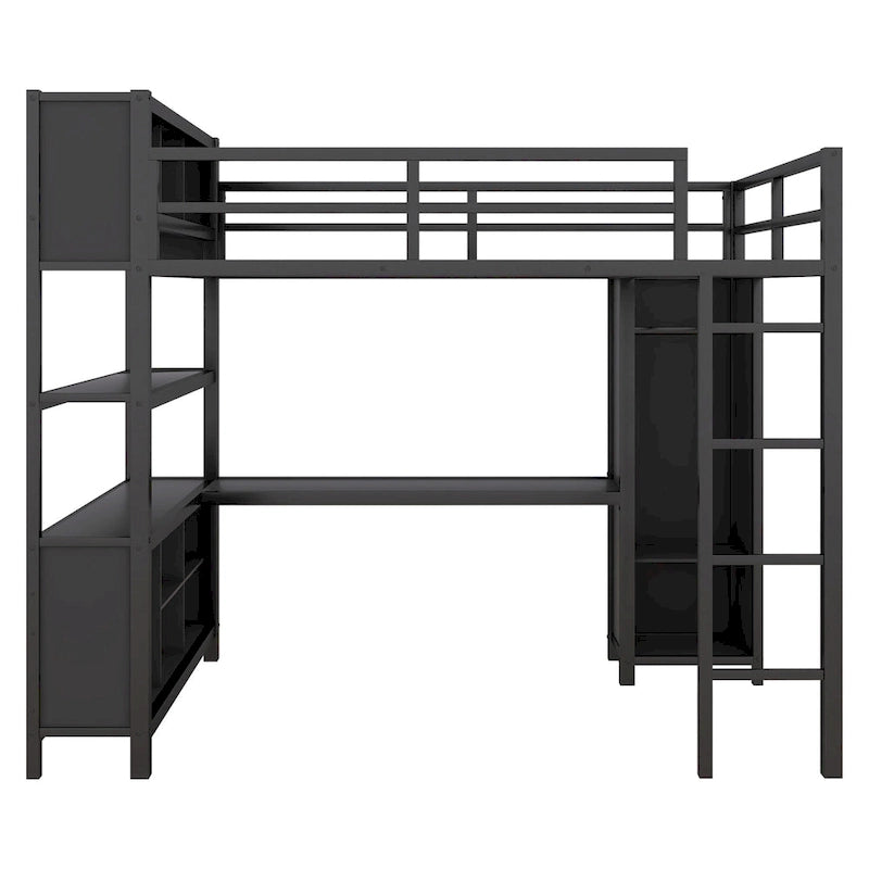 Metal Loft Bed with Wardrobe And L-shaped Desk