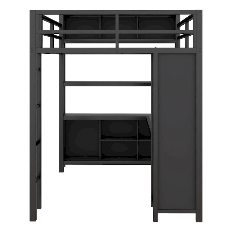 Metal Loft Bed with Wardrobe And L-shaped Desk