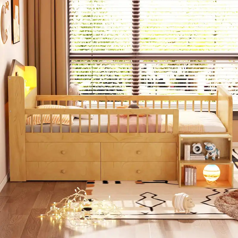 Low Loft Bed with LED Lights, Wooden Twin Loft Bed with House Shape Headboard, Kids Loft Bed with Storage Drawers