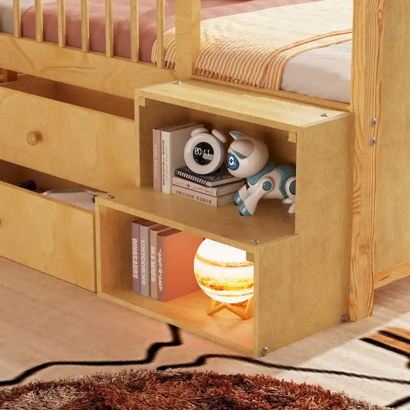 Low Loft Bed with LED Lights, Wooden Twin Loft Bed with House Shape Headboard, Kids Loft Bed with Storage Drawers