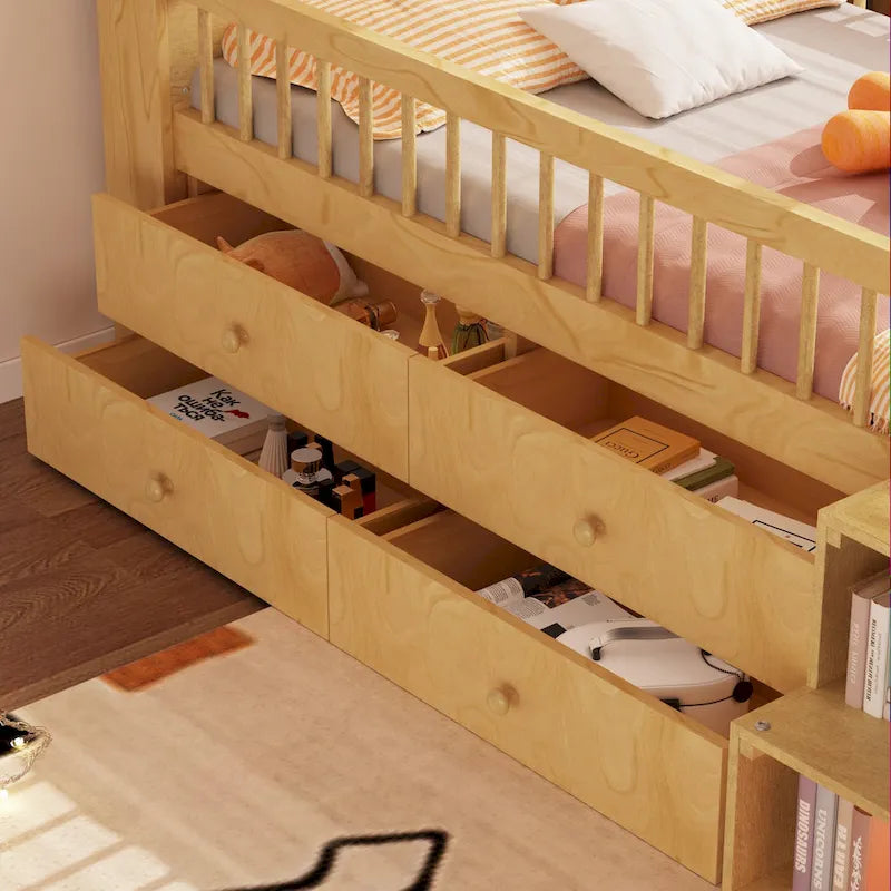 Low Loft Bed with LED Lights, Wooden Twin Loft Bed with House Shape Headboard, Kids Loft Bed with Storage Drawers