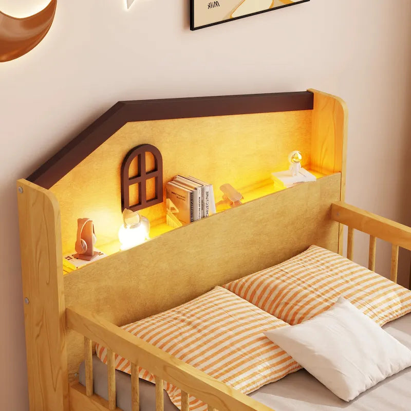 Low Loft Bed with LED Lights, Wooden Twin Loft Bed with House Shape Headboard, Kids Loft Bed with Storage Drawers
