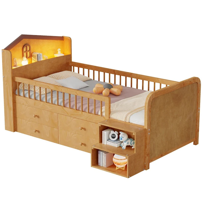 Low Loft Bed with LED Lights, Wooden Twin Loft Bed with House Shape Headboard, Kids Loft Bed with Storage Drawers