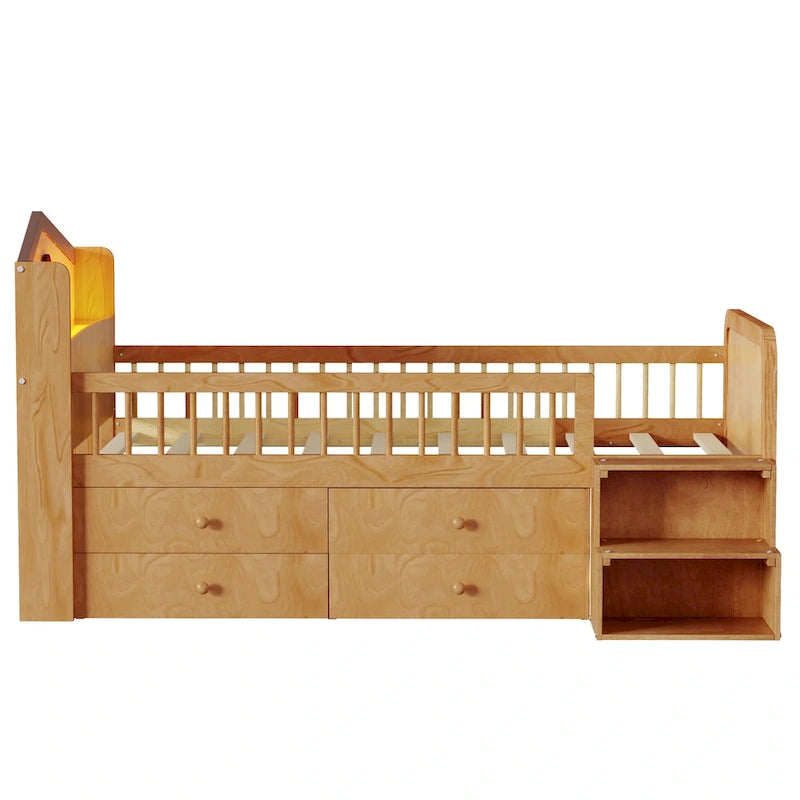 Low Loft Bed with LED Lights, Wooden Twin Loft Bed with House Shape Headboard, Kids Loft Bed with Storage Drawers