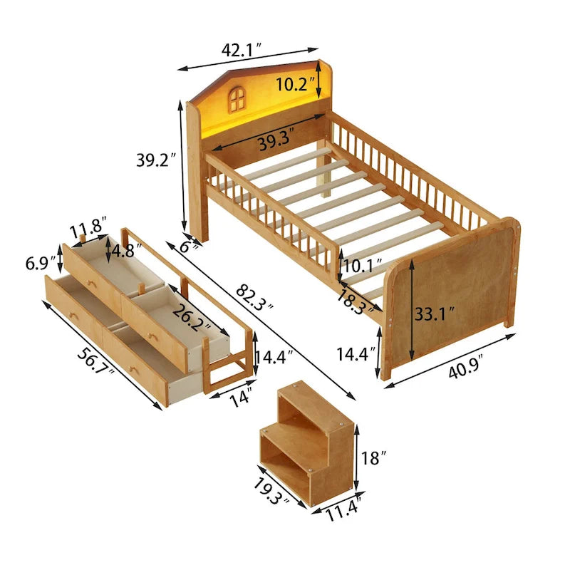 Low Loft Bed with LED Lights, Wooden Twin Loft Bed with House Shape Headboard, Kids Loft Bed with Storage Drawers