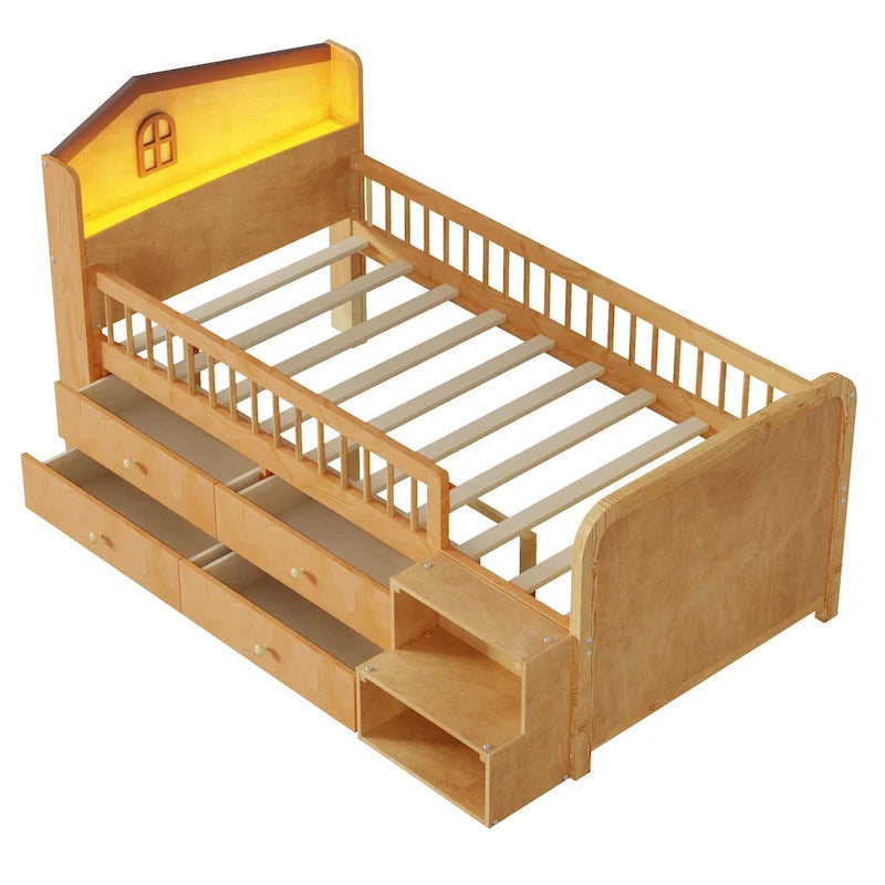 Low Loft Bed with LED Lights, Wooden Twin Loft Bed with House Shape Headboard, Kids Loft Bed with Storage Drawers