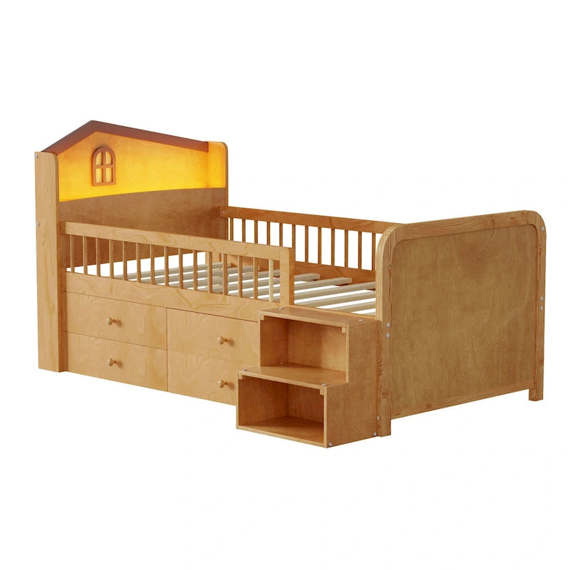 Low Loft Bed with LED Lights, Wooden Twin Loft Bed with House Shape Headboard, Kids Loft Bed with Storage Drawers