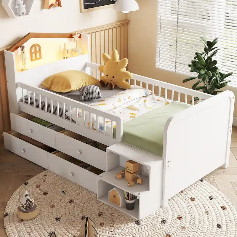 Low Loft Bed with LED Lights, Wooden Twin Loft Bed with House Shape Headboard, Kids Loft Bed with Storage Drawers