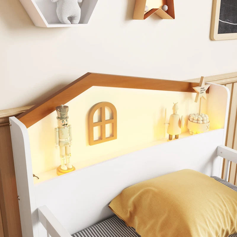 Low Loft Bed with LED Lights, Wooden Twin Loft Bed with House Shape Headboard, Kids Loft Bed with Storage Drawers