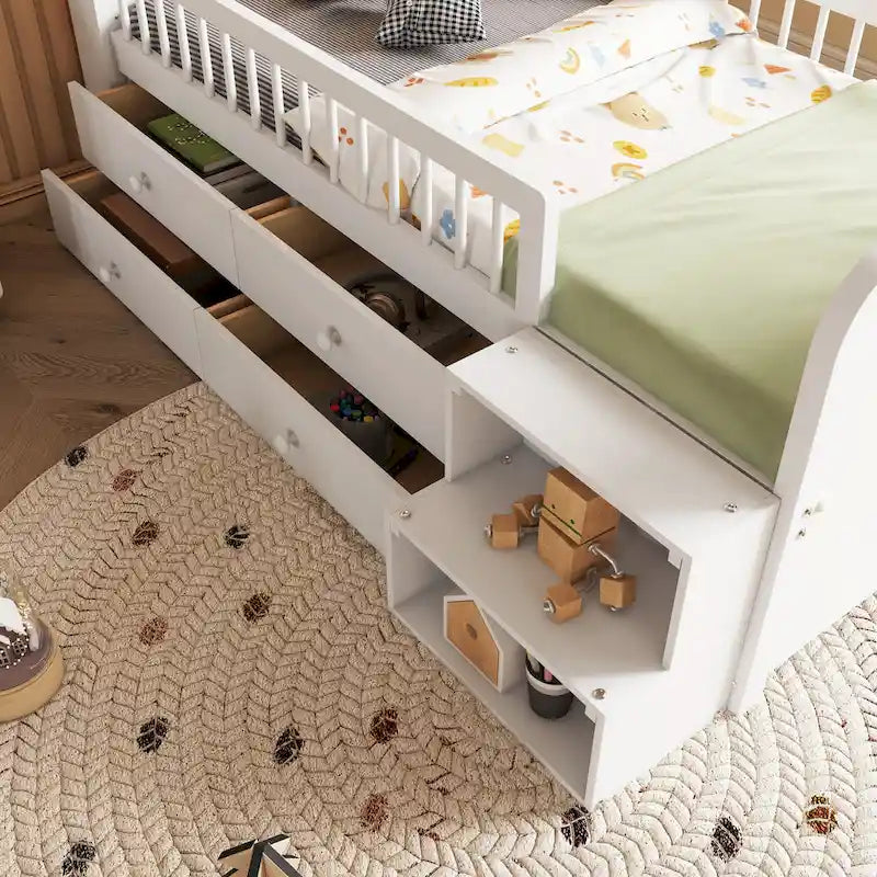 Low Loft Bed with LED Lights, Wooden Twin Loft Bed with House Shape Headboard, Kids Loft Bed with Storage Drawers