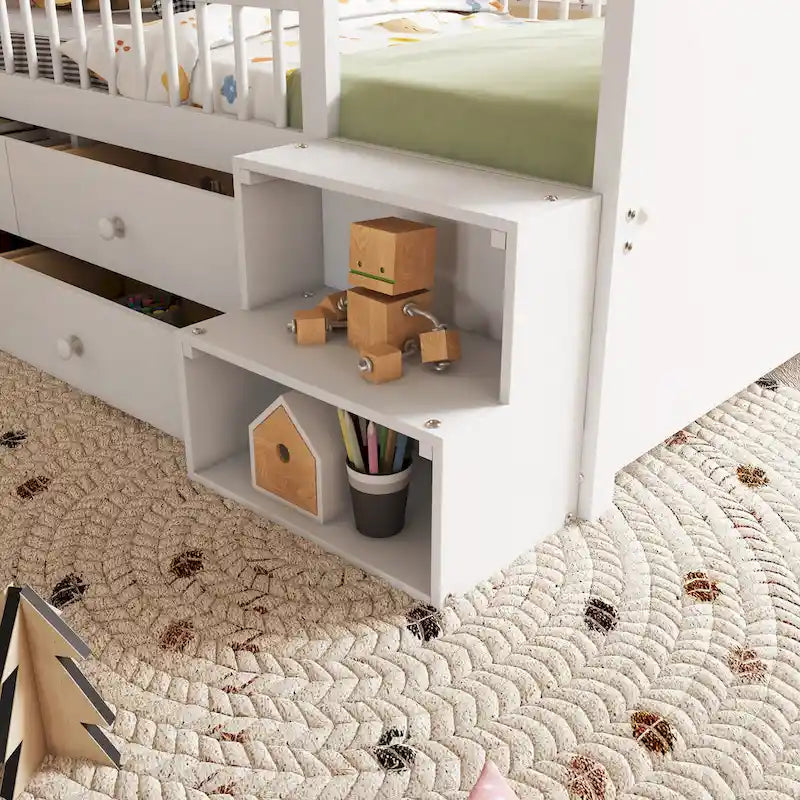 Low Loft Bed with LED Lights, Wooden Twin Loft Bed with House Shape Headboard, Kids Loft Bed with Storage Drawers