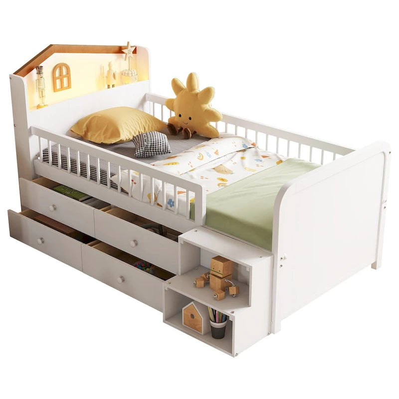 Low Loft Bed with LED Lights, Wooden Twin Loft Bed with House Shape Headboard, Kids Loft Bed with Storage Drawers