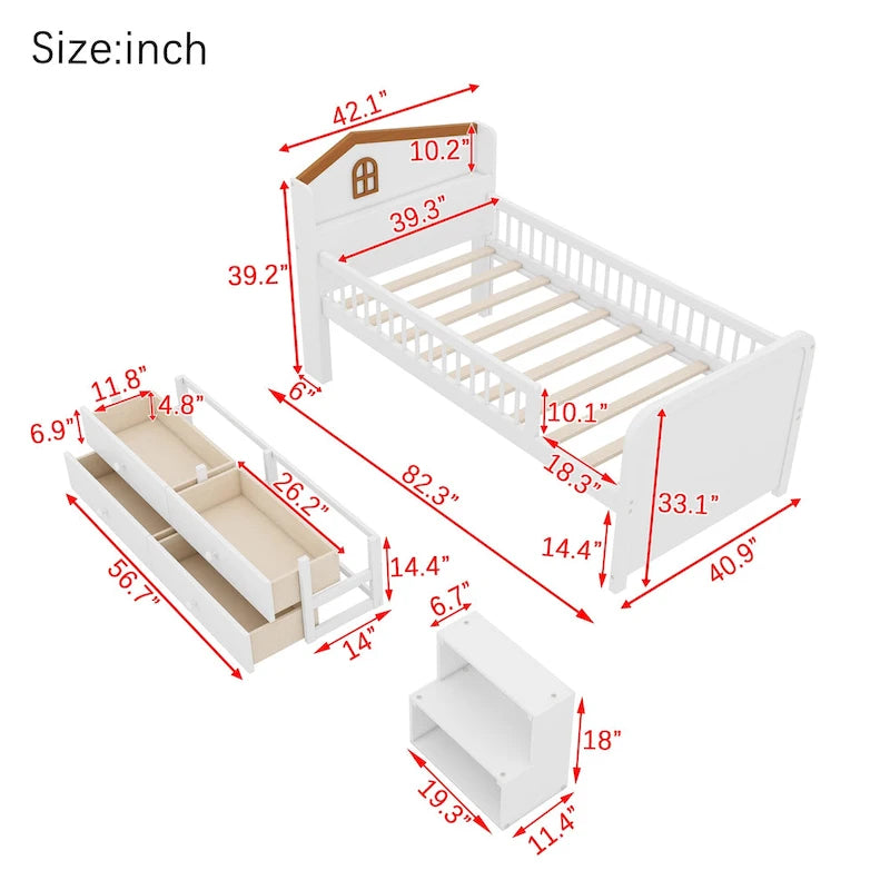 Low Loft Bed with LED Lights, Wooden Twin Loft Bed with House Shape Headboard, Kids Loft Bed with Storage Drawers