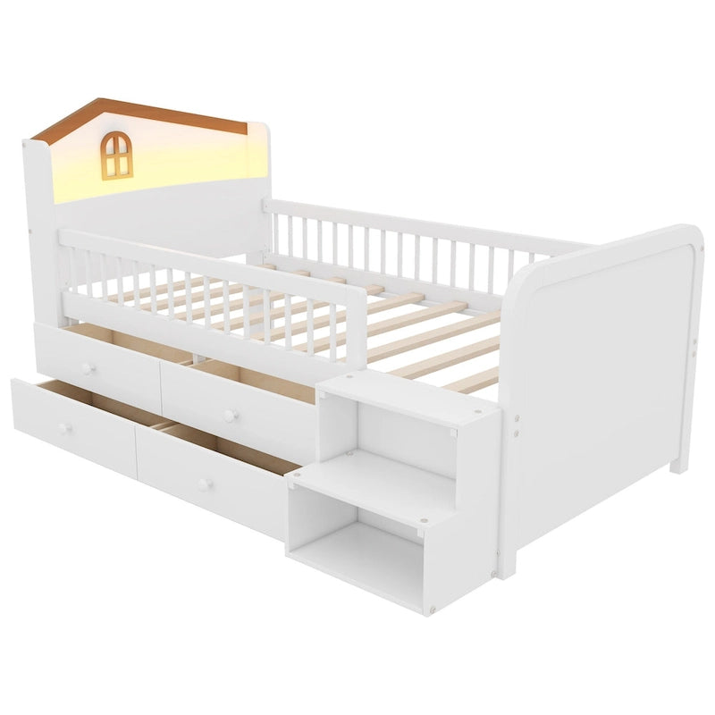 Low Loft Bed with LED Lights, Wooden Twin Loft Bed with House Shape Headboard, Kids Loft Bed with Storage Drawers