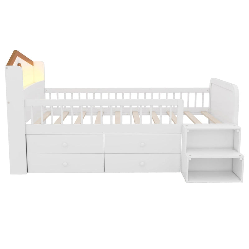 Low Loft Bed with LED Lights, Wooden Twin Loft Bed with House Shape Headboard, Kids Loft Bed with Storage Drawers