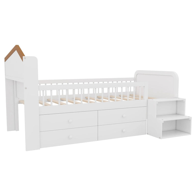 Low Loft Bed with LED Lights, Wooden Twin Loft Bed with House Shape Headboard, Kids Loft Bed with Storage Drawers