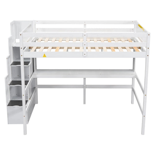 Full Size Loft Bed with Built-in Desk, Bookshelves and Storage Staircase