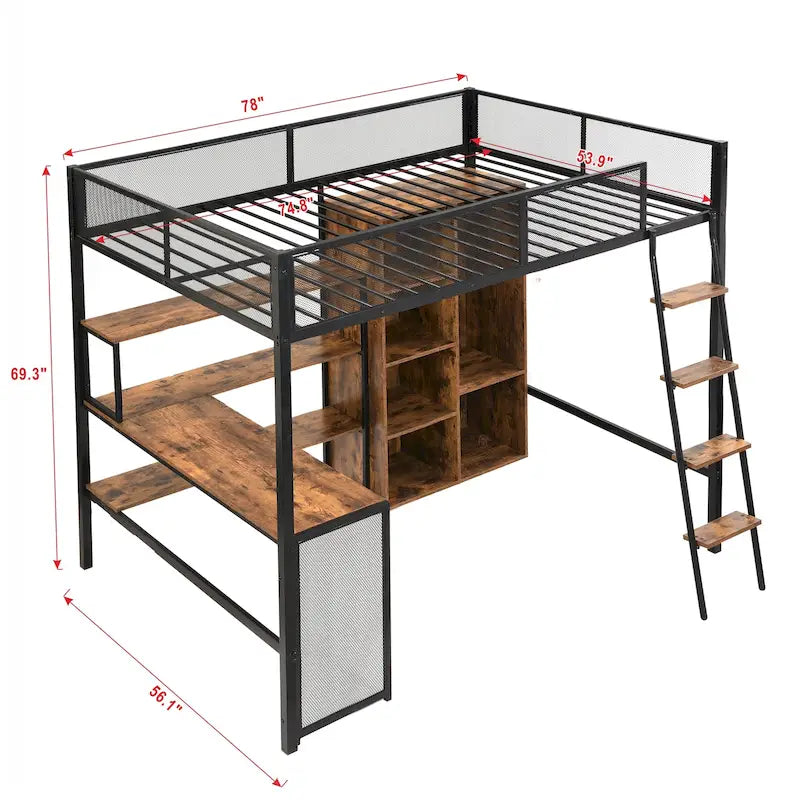 Full Size Metal Loft bed with Built-in Desk, Wardrobeand Shelves
