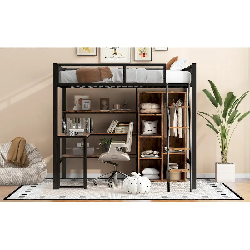 Full Size Metal Loft bed with Built-in Desk, Wardrobeand Shelves