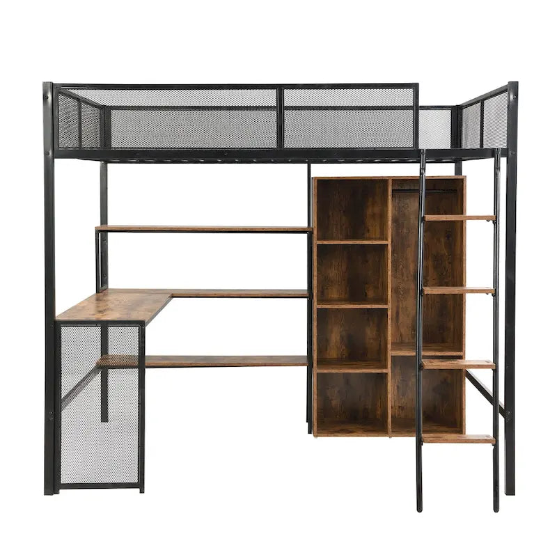 Full Size Metal Loft bed with Built-in Desk, Wardrobeand Shelves