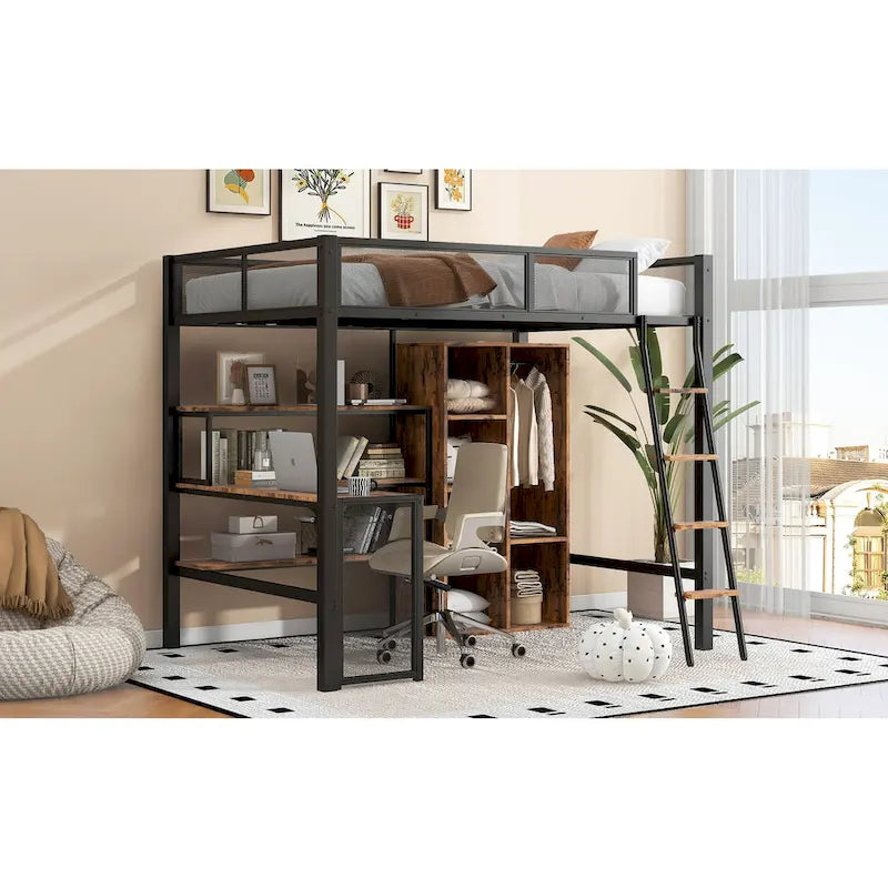 Full Size Metal Loft bed with Built-in Desk, Wardrobeand Shelves