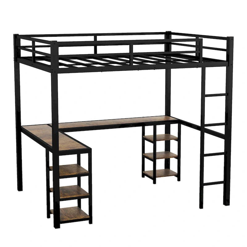 Metal Loft Bed with Desk and Shelves