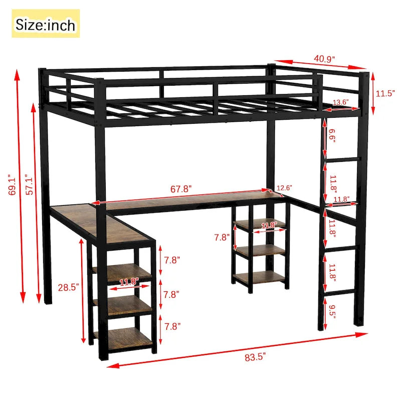 Metal Loft Bed with Desk and Shelves