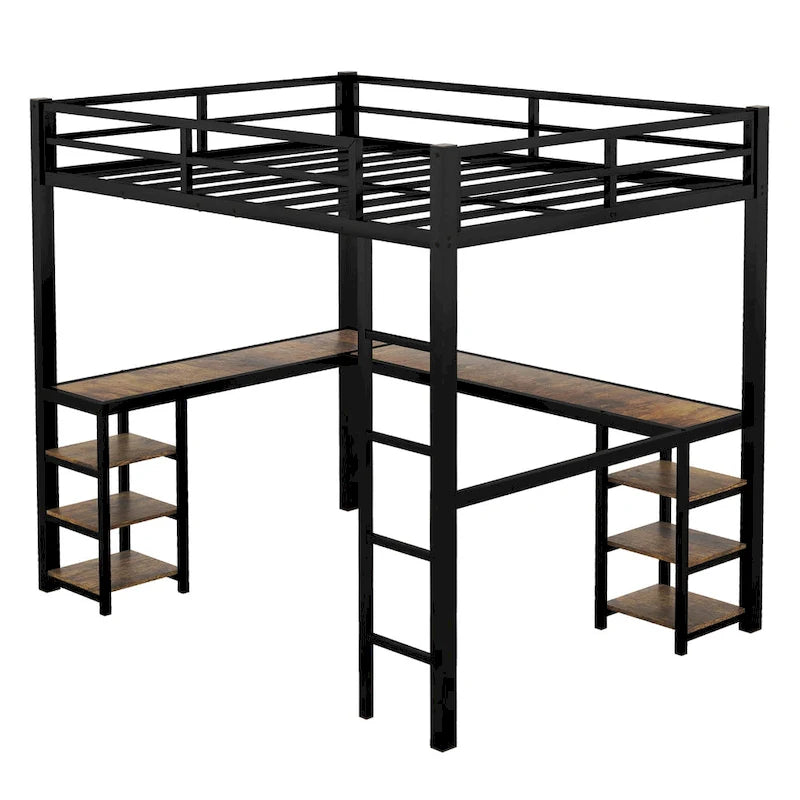 Metal Loft Bed with Desk and Shelves