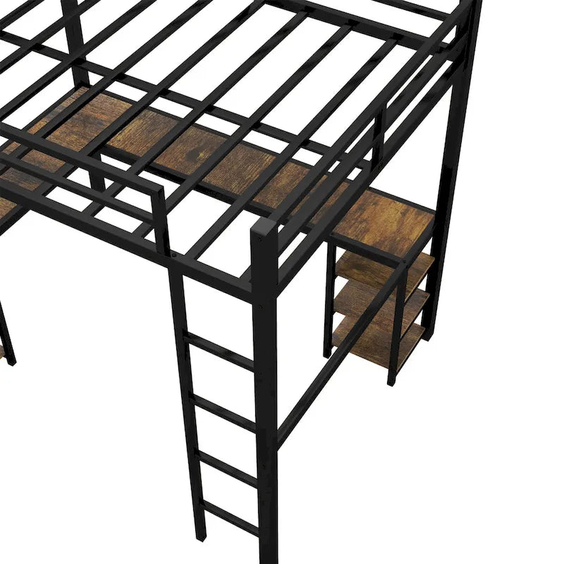Metal Loft Bed with Desk and Shelves