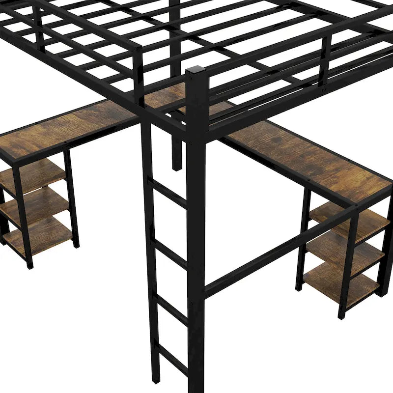 Metal Loft Bed with Desk and Shelves