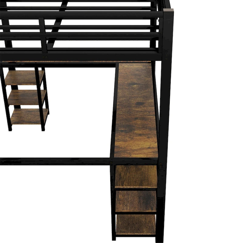 Metal Loft Bed with Desk and Shelves