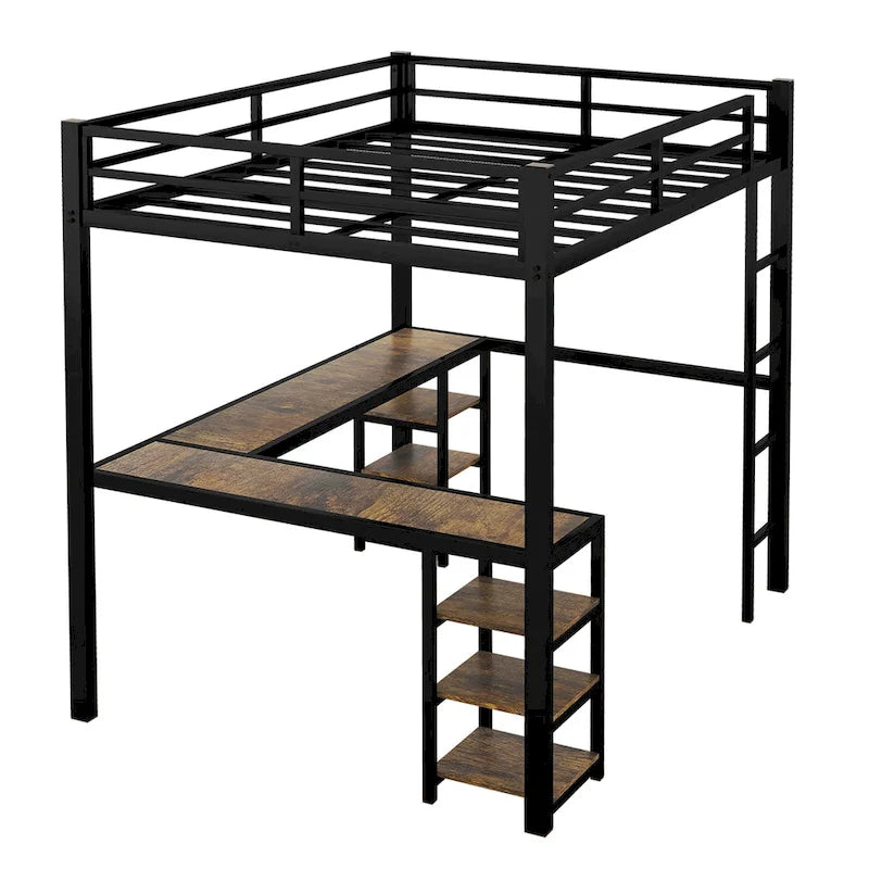 Metal Loft Bed with Desk and Shelves