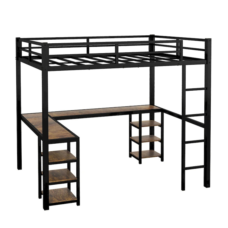 Metal Loft Bed with Desk and Shelves
