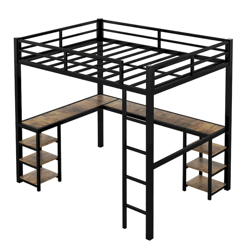 Metal Loft Bed with Desk and Shelves