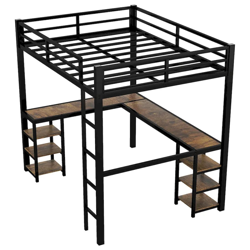 Metal Loft Bed with Desk and Shelves