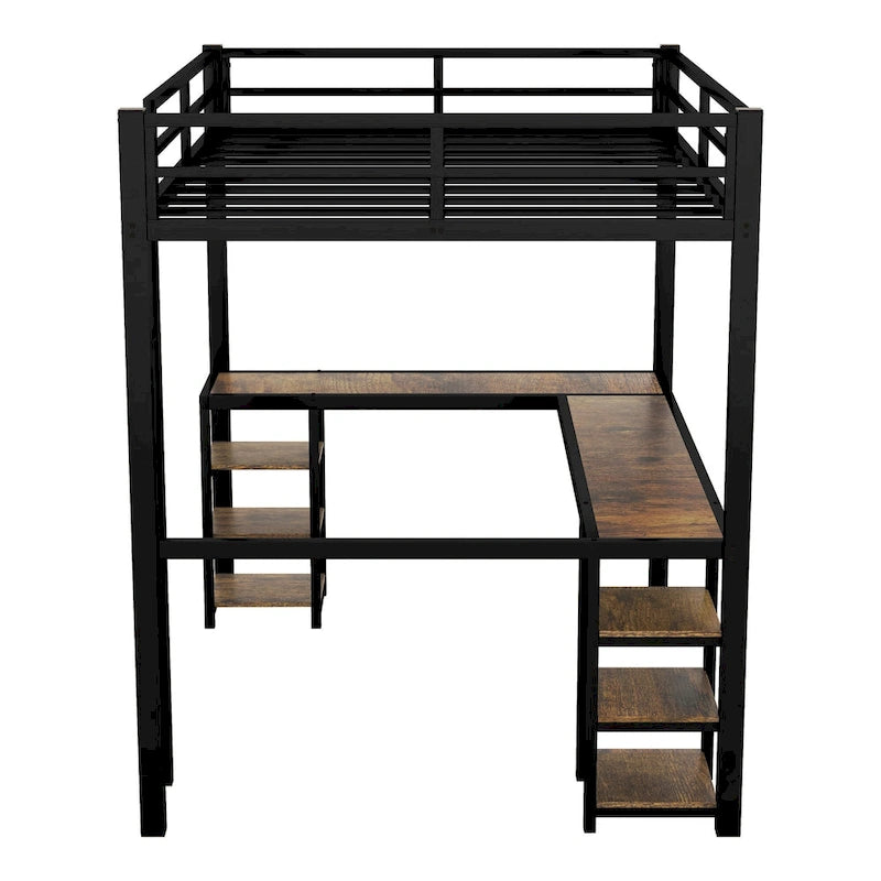 Metal Loft Bed with Desk and Shelves
