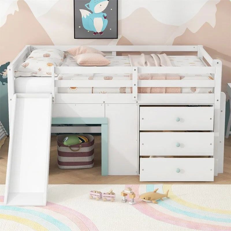 Full Size Low Loft Bed with Slide and 3 Storage Drawers, Solid Wood Loft Bedframe with 2 Doors, Ladder and Guardrails