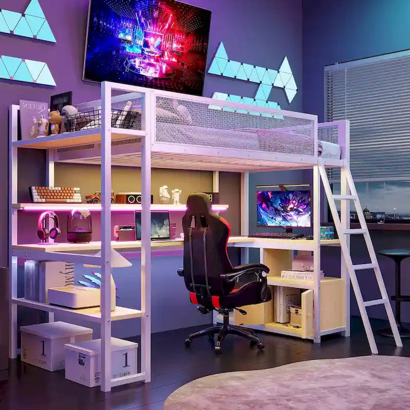 Twin Metal Loft Bed with LED Desk & Storage