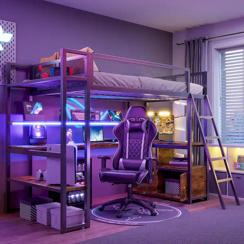 Twin Metal Loft Bed with LED Desk & Storage