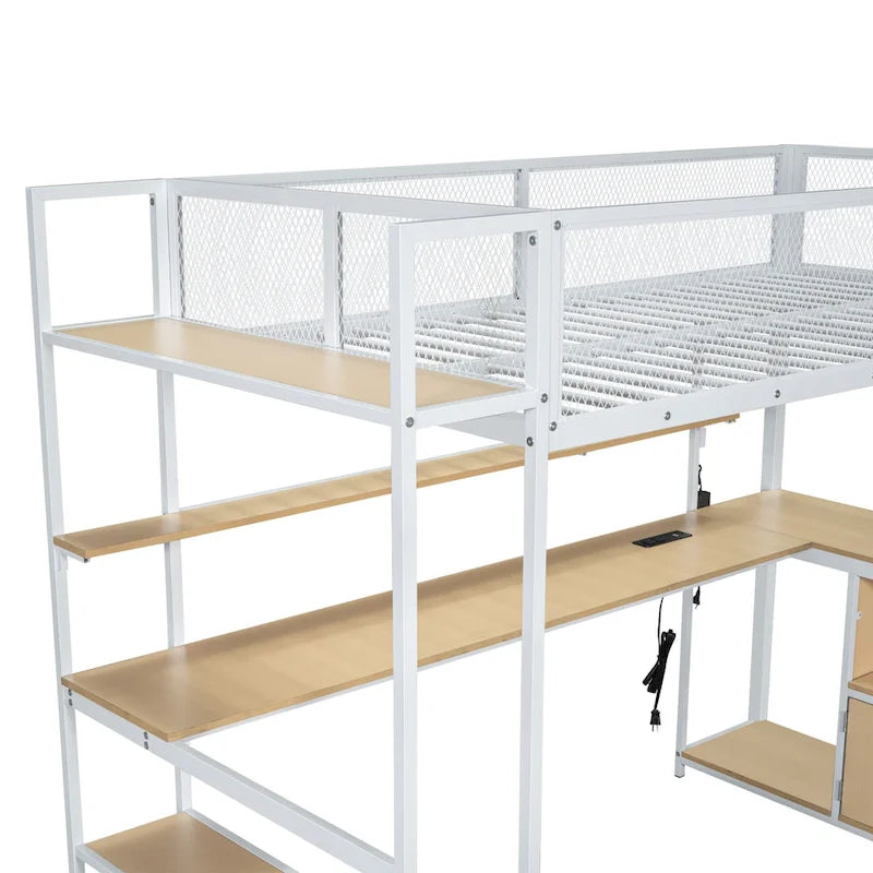 Twin Metal Loft Bed with LED Desk & Storage