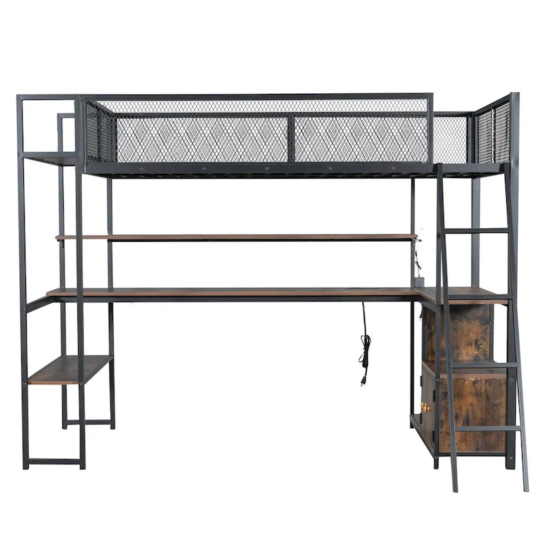 Twin Metal Loft Bed with LED Desk & Storage