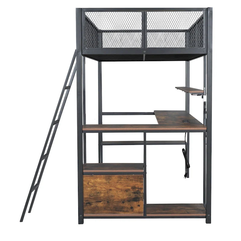 Twin Metal Loft Bed with LED Desk & Storage
