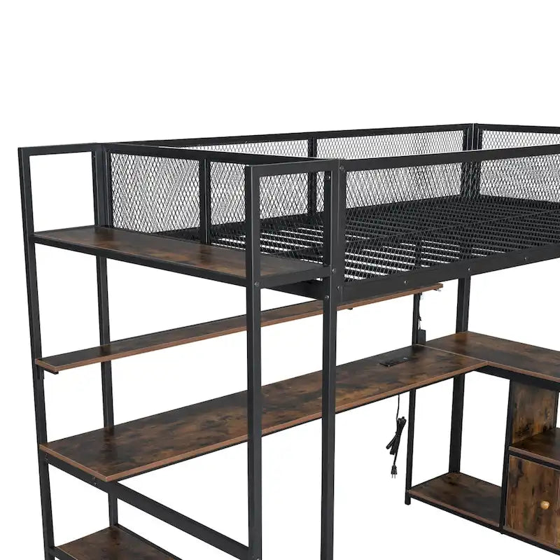 Twin Metal Loft Bed with LED Desk & Storage