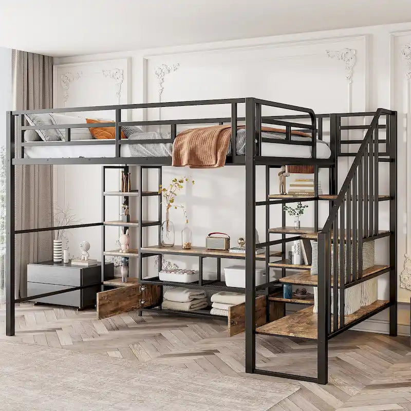 Full Metal Loft Bed with Staircase & Work Table
