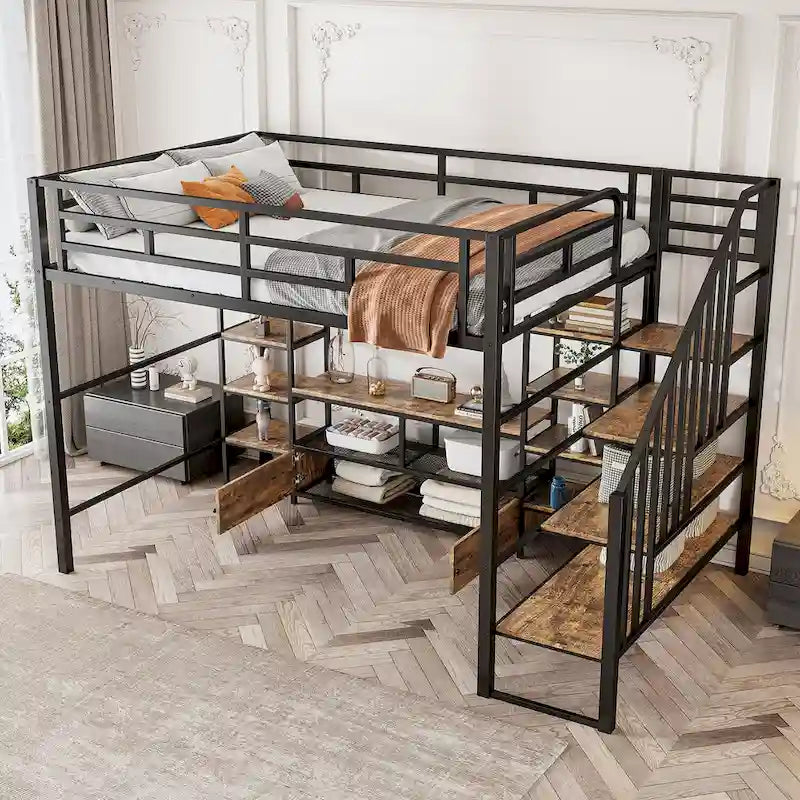 Full Metal Loft Bed with Staircase & Work Table