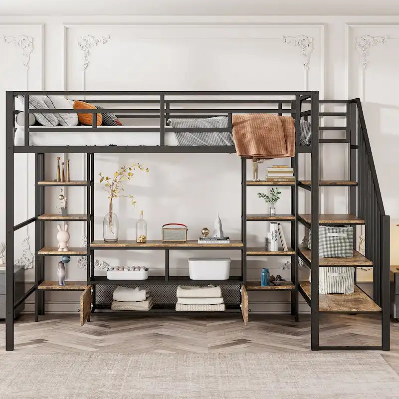 Full Metal Loft Bed with Staircase & Work Table