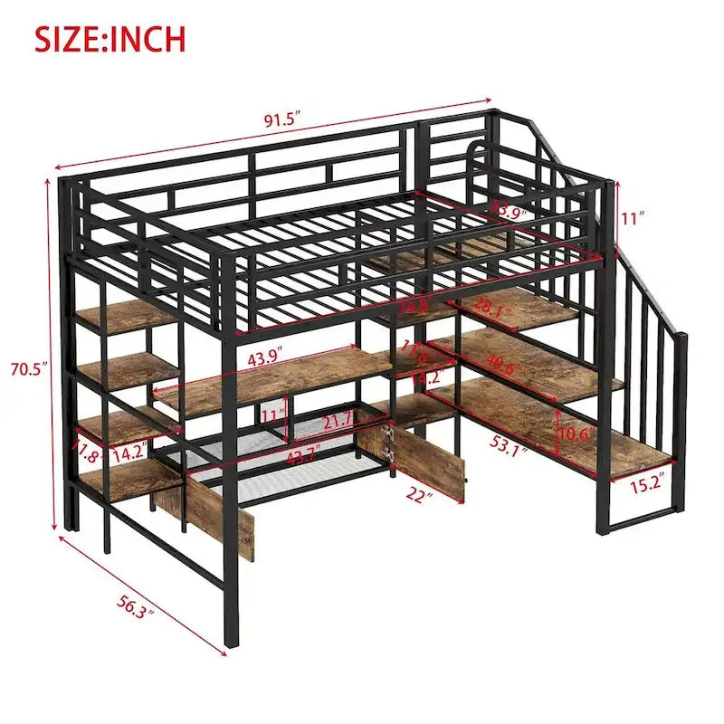 Full Metal Loft Bed with Staircase & Work Table
