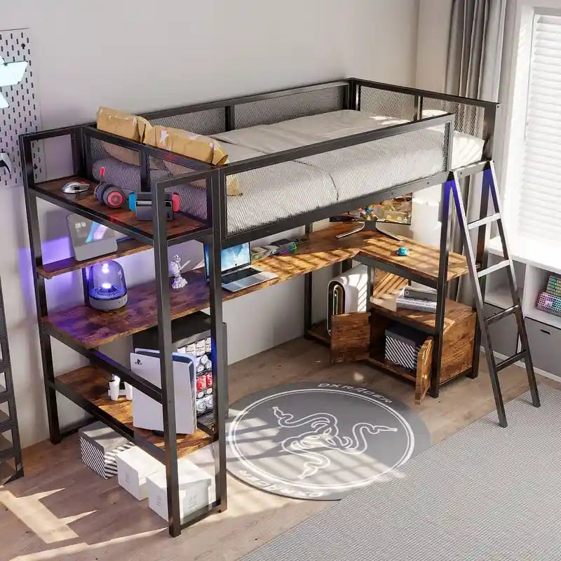 Twin Size Metal Loft Bed with Built-in Work Station, LED and Multiple Storage